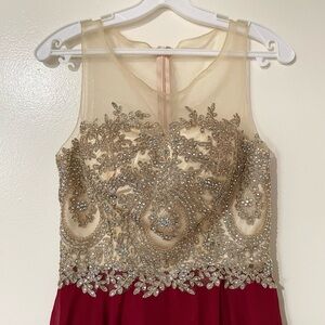 PromGirl Burgundy and Gold Dress with Mesh Beaded Top